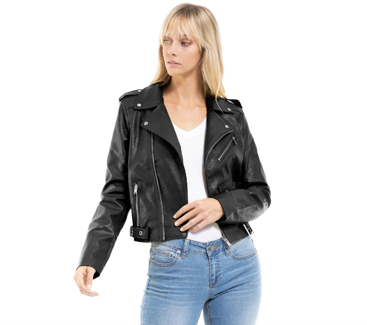 A black faux leather jacket