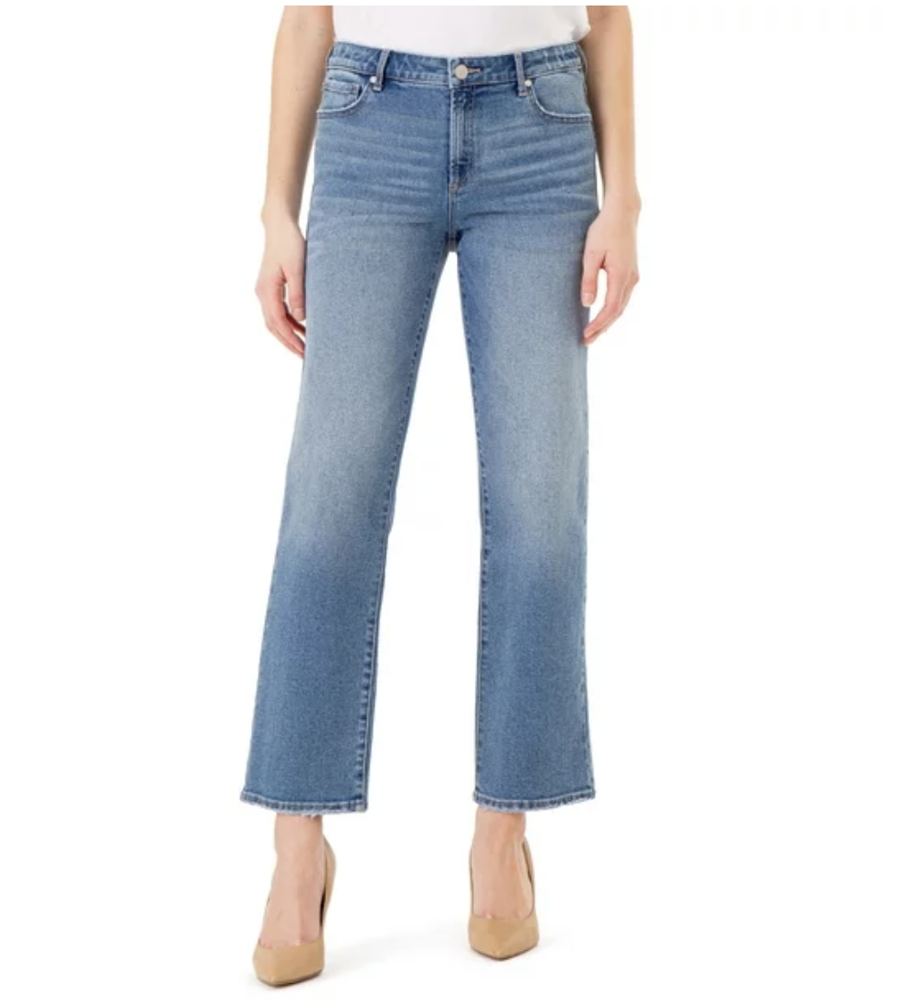 A pair of high rise jeans