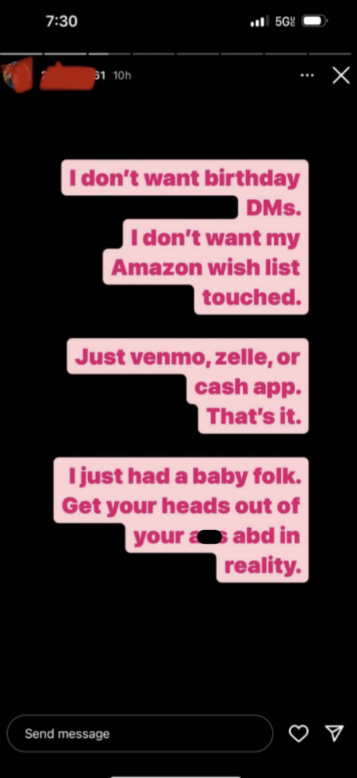 Someone on their birthday says they don't want birthday DMs, they want cash. The message ends with "get your heads out of your ass and in reality"