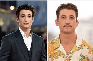 Miles Teller on a red carpet in a suit next to a separate image of him with a thin mustache and a hawaiian shirt