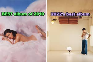 On the left, Katy Perry on the Teenage Dream album cover labeled best album of 2010, and on the right, Harry Styles on the Harry's House album cover labeled 2022's best album