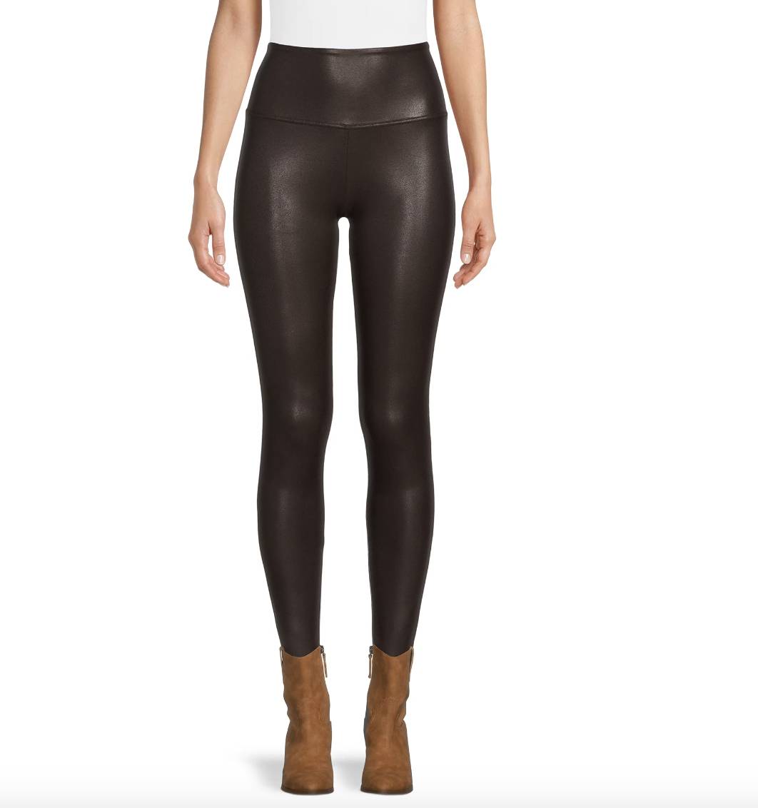 A pair of brown faux leather leggings