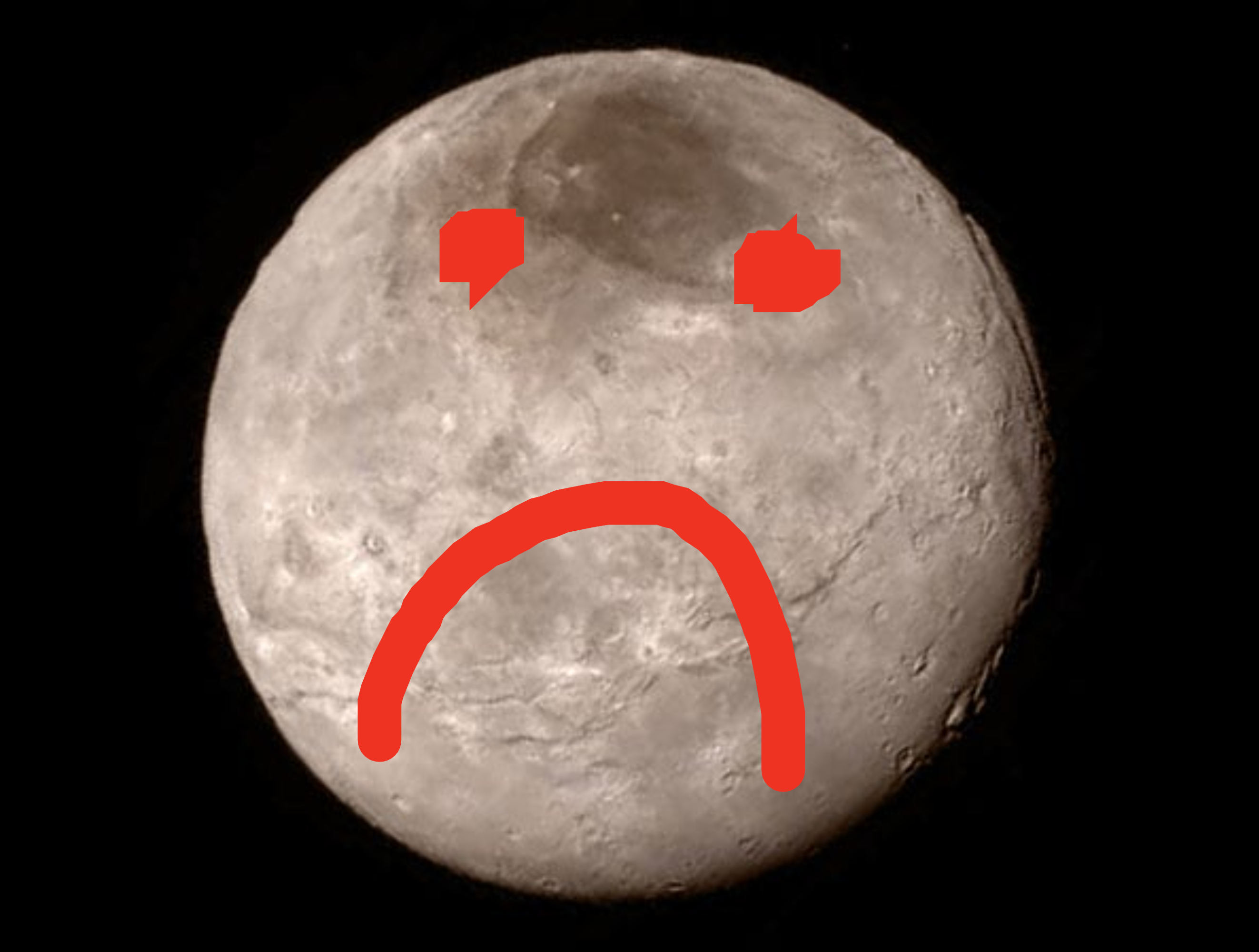 Pluto with a sad face drawn on it
