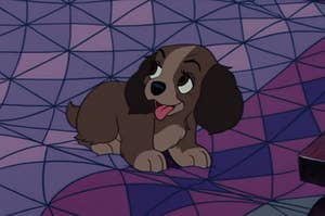 Lady from Lady and the Tramp a a puppy on a bed
