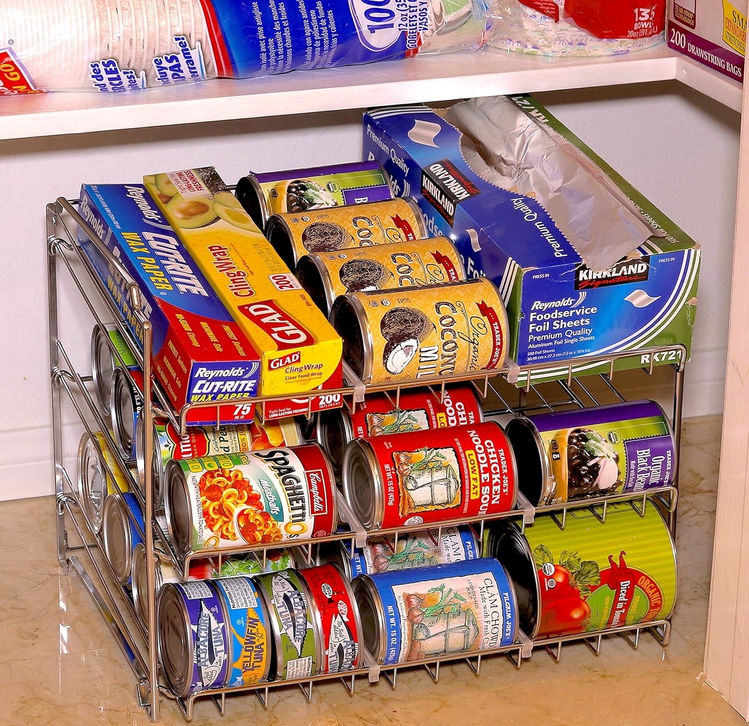 various cans of food on an organizer