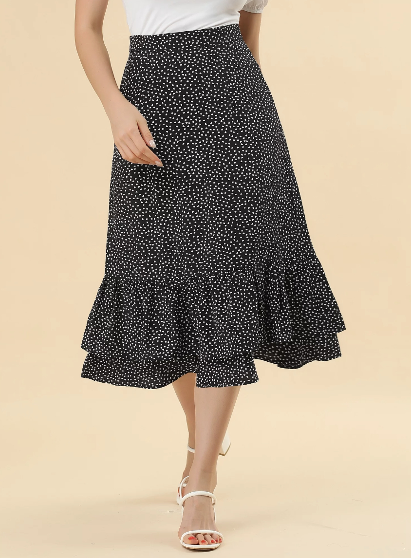 A black polka dot midi skirt
