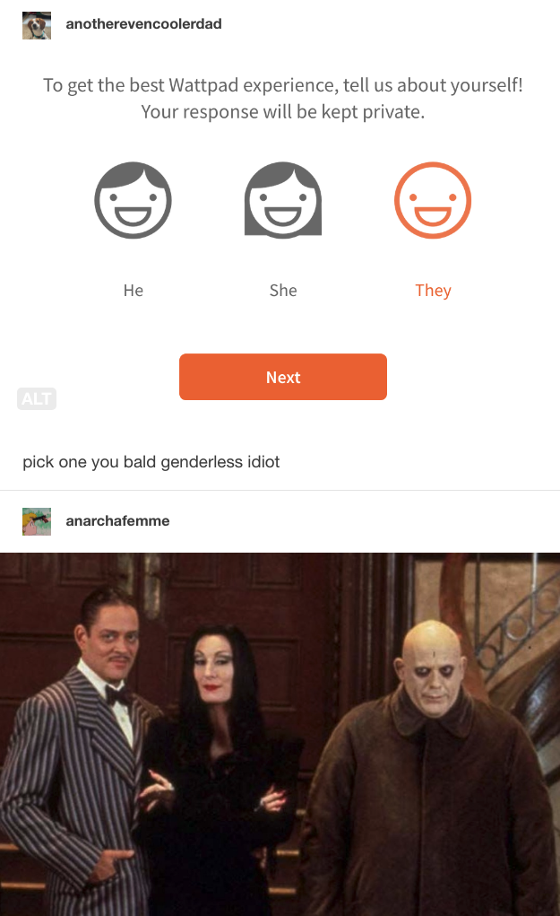 photo of the addams family underneath a prompt to choose which gender you identify as