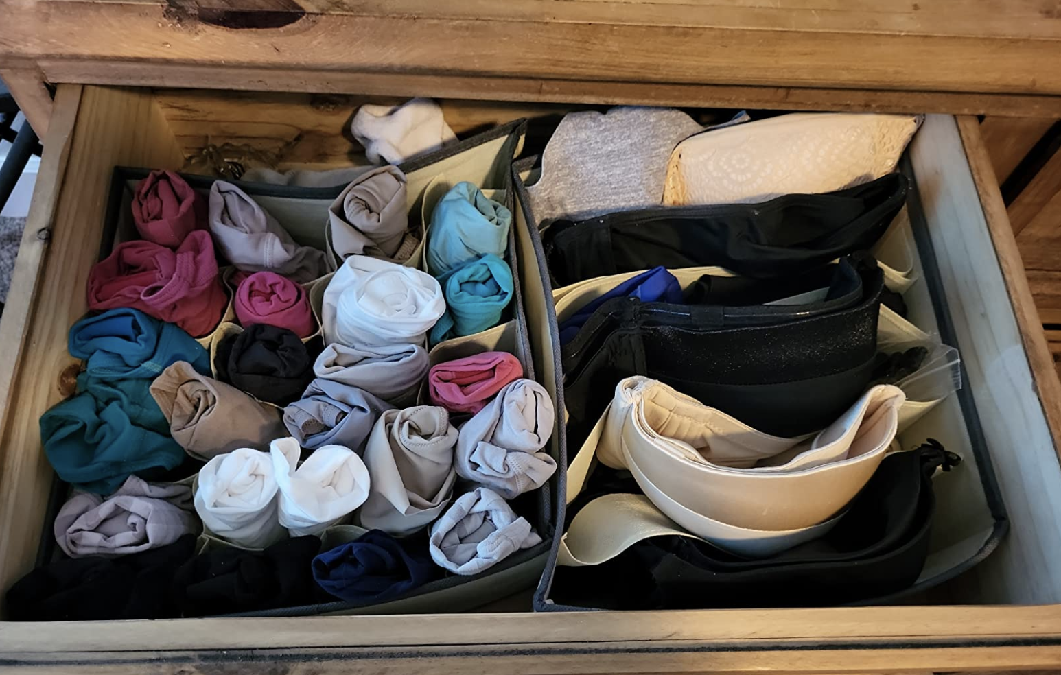 reviewer photo of underwear and bras inside the organizer