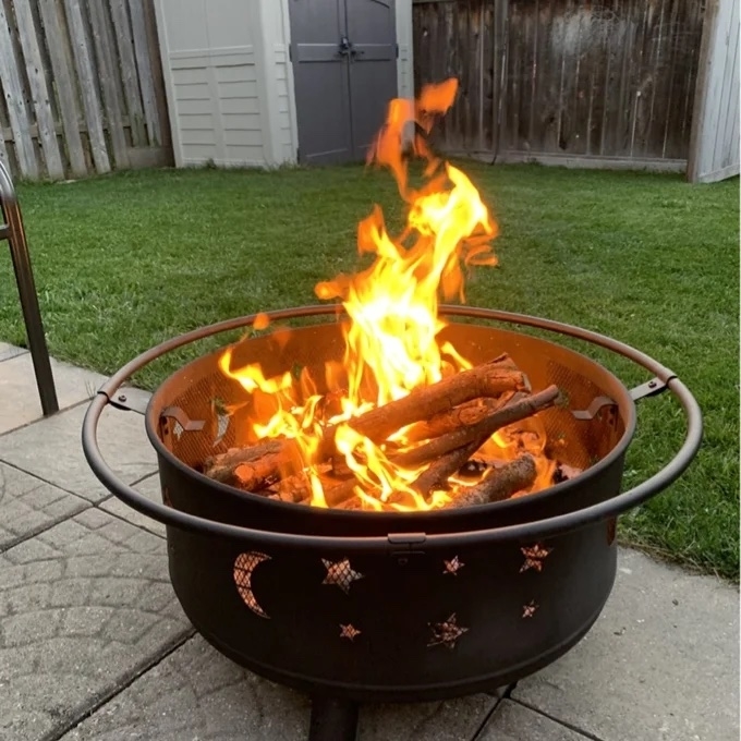 A reviewer photo of the lit fire pit
