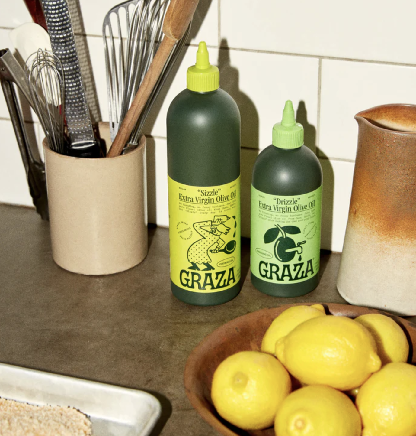 Graza Olive Oil on kitchen counter
