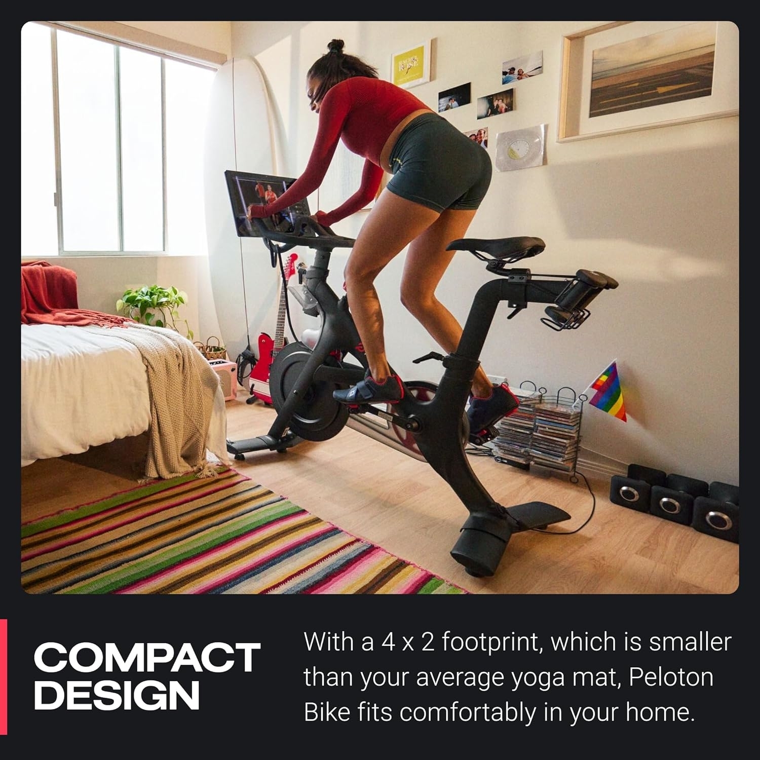 A model using the peloton, which has a 4 x 2 foot footprint (smaller than the average yoga mat)