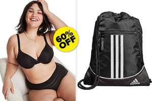 model in bra, drawstring adidas backpack