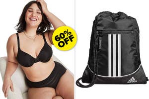 model in bra, drawstring adidas backpack