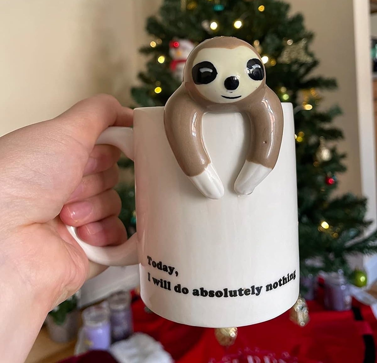 reviewer holding a white mug with a sloth hanging out of it and the mug says &quot;today, I will do absolutely nothing&quot;