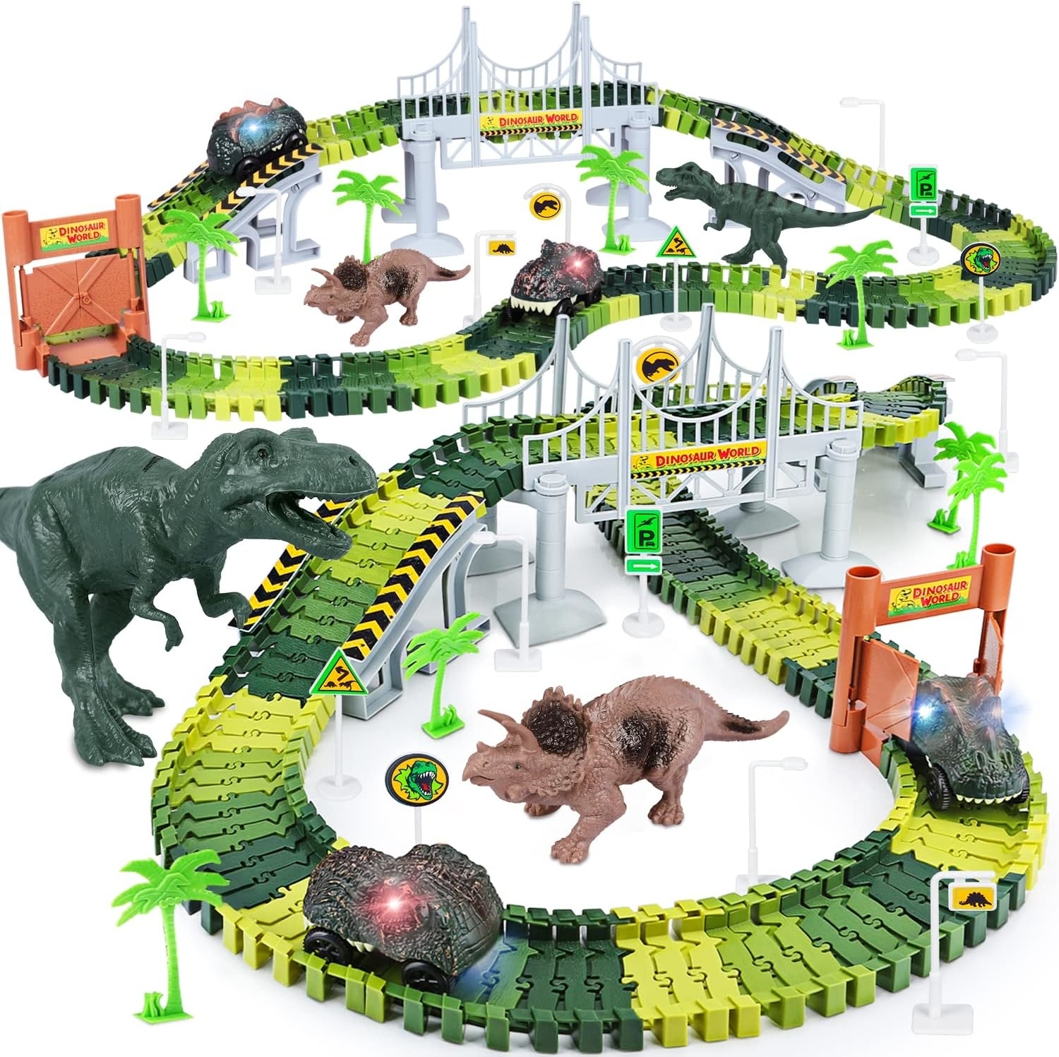 The green track with brides and dino cars