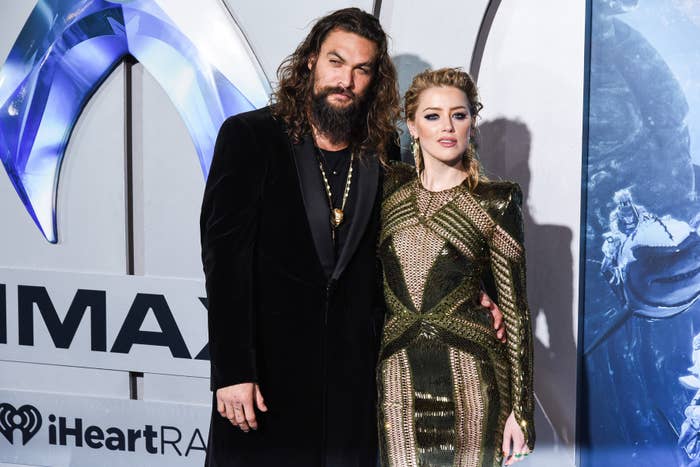 A closeup of Jason Momoa and Amber Heard during the movie&#x27;s premiere