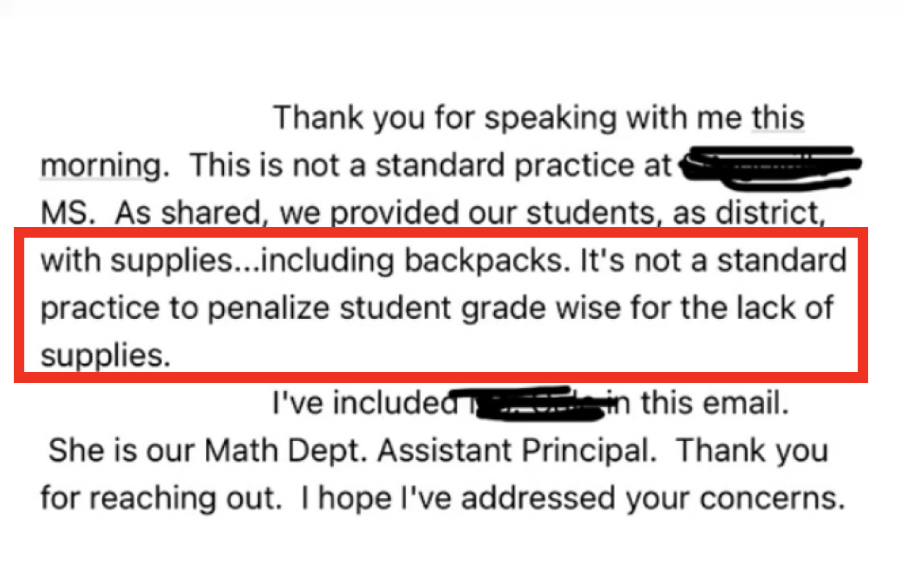 Principal's response email