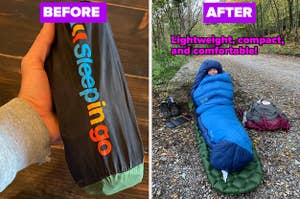 side by side photos of a sleeping pad rolled up, and a person in a sleeping bag lying on top of the sleeping mat