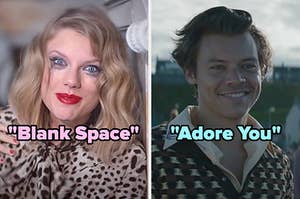 On the left, Taylor Swift crying in the Blank Space music video, and on the right, Harry Styles smiling in the Adore You music video