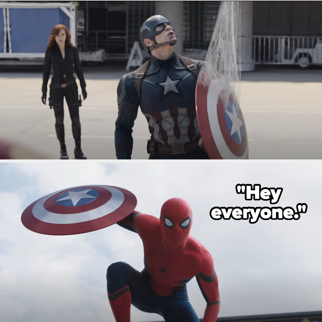 spiderman holding captain america&#x27;s shield saying, hey everyone