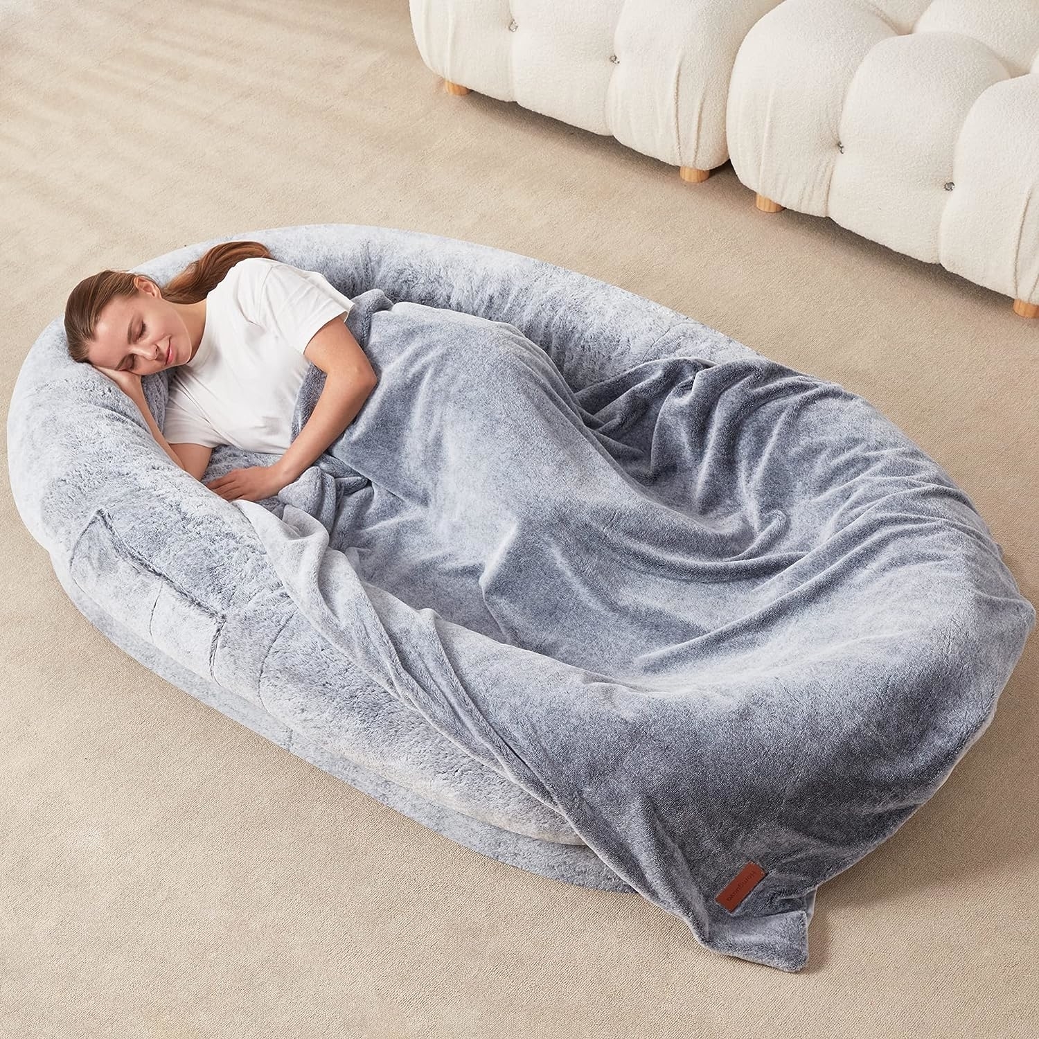 model in human-size dog bed