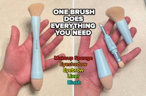 a reviewer holding the brush when it's put together at its largest size / a reviewer holding the bush taken apart to show all four options "one brush does everything you need: makeup sponge, eyeshadow, eyebrow, liner, blush"