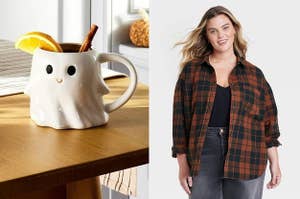 on left: cute ghost-shaped mug on table. on right: model wearing orange and black plaid shirt