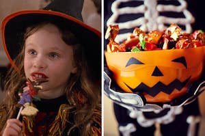 On the left, Dani from Hocus Pocus dressed like a witch and eating candy, and on the right, someone holding a jack o lantern inspired candy bowl