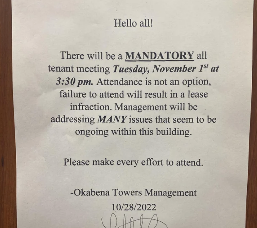 notice of a mandatory meeting at 3:30pm on a tuesday
