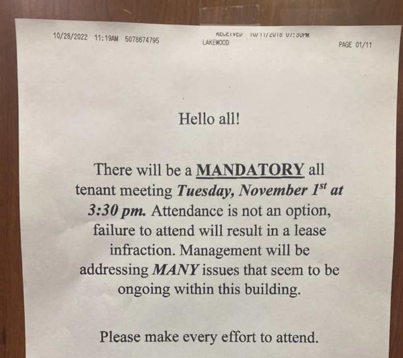 notice of a mandatory meeting at 3:30pm on a tuesday