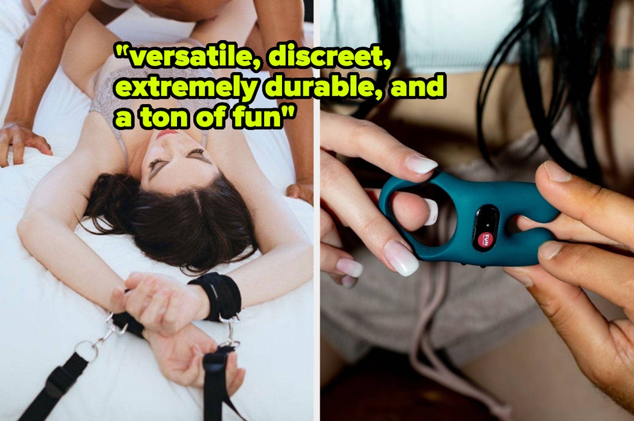 model on bed wearing bed restraints and models holding green vibrating cock ring