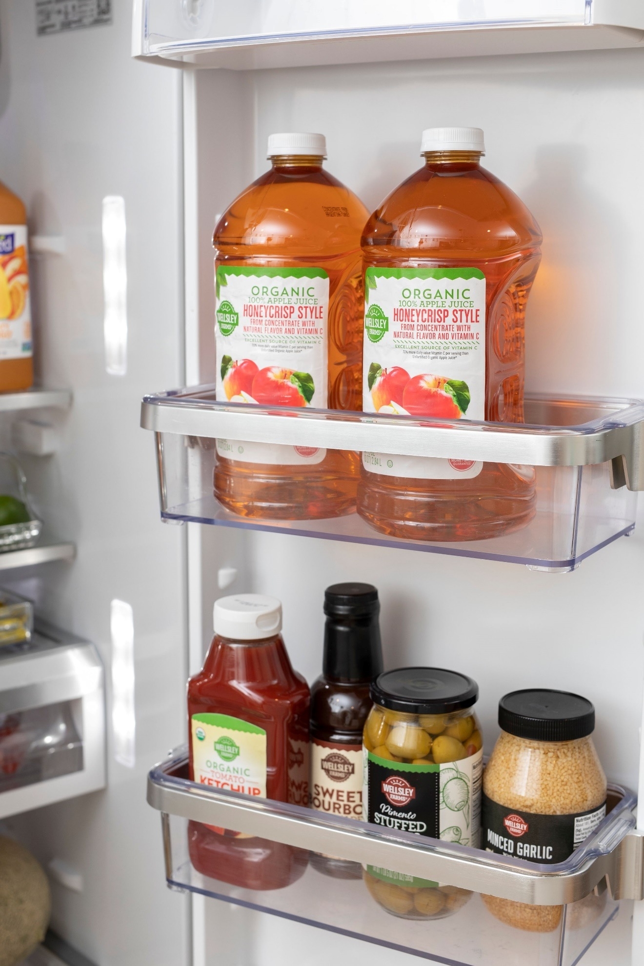 Refrigerator door filled with products from BJs