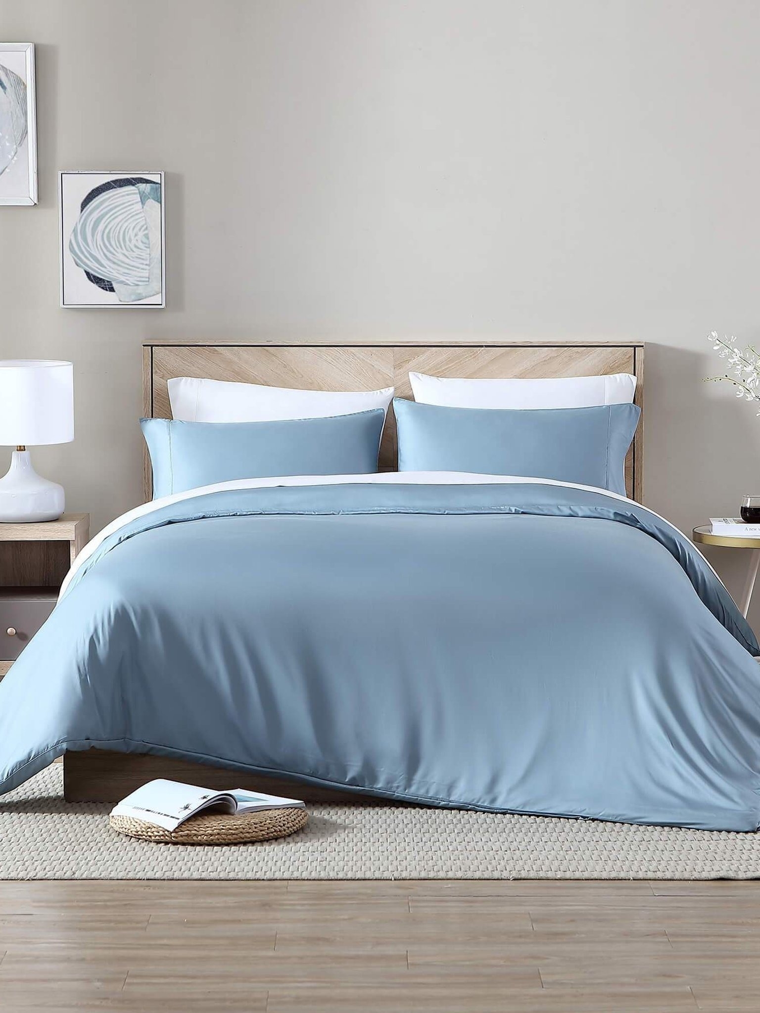 blue bamboo duvet cover on bed