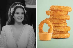 On the left, Lana Del Rey smiling in the Candy Necklace music video, and on the right, some onion rings from A and W
