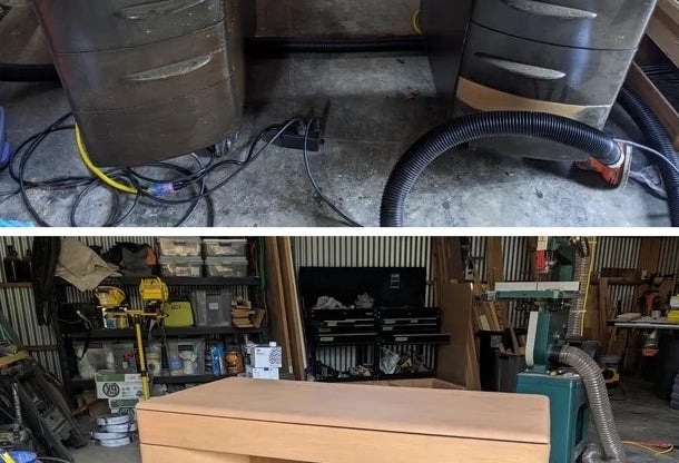 A before image of a desk with dark refinishing sanded down to reveal light wood