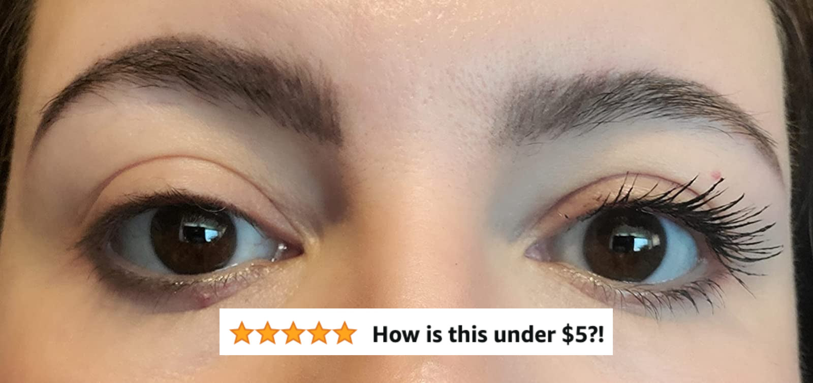 A reviewer&#x27;s lashes before and after mascara, with dramatic length and volume after