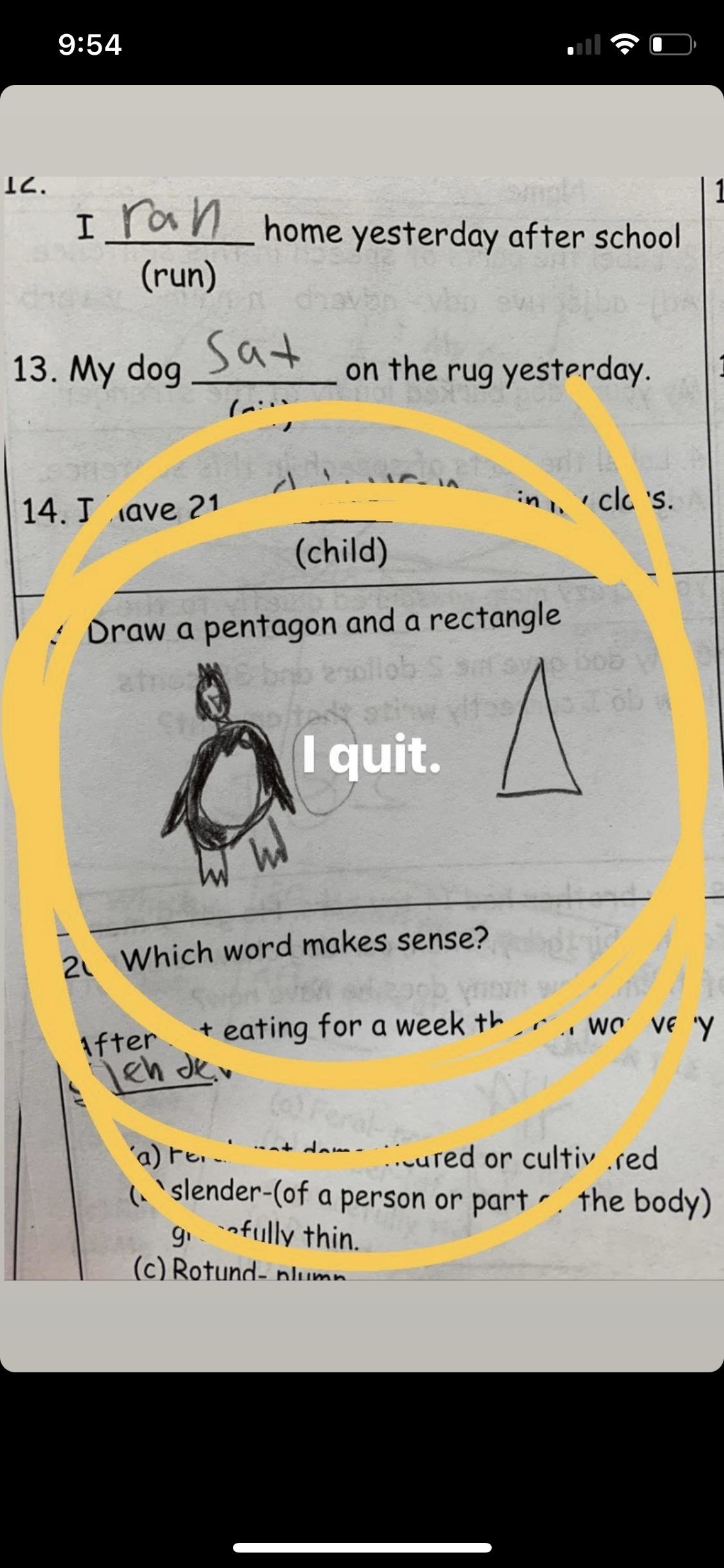 Student draws a figure that looks vaguely like a penguin and a triangle in response to the prompt, &quot;Draw a pentagon and a rectangle&quot;