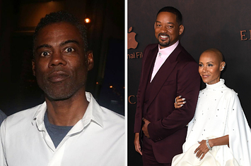 Chris Rock poses on the red carpet vs Jada Pinkett Smith takes a photo with an arm wrapped around a smiling Will Smith