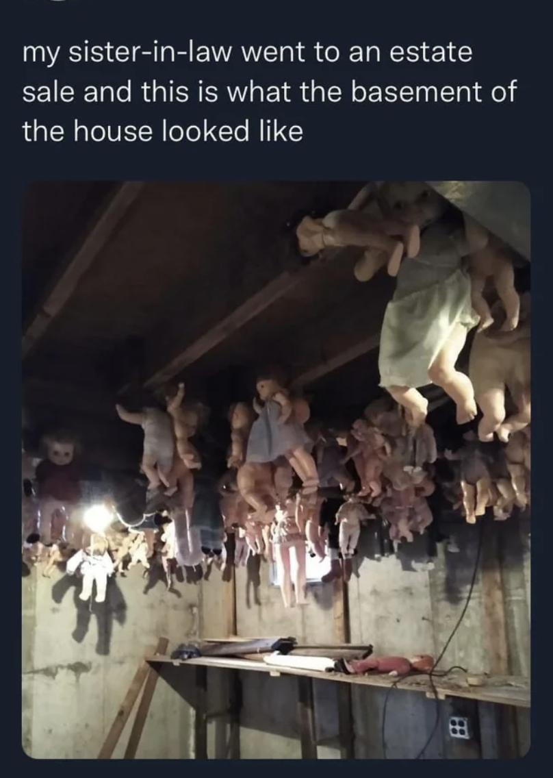 Person saying that their sister went to an estate sale, and shows a picture of a basement with many dolls hanging from the ceiling