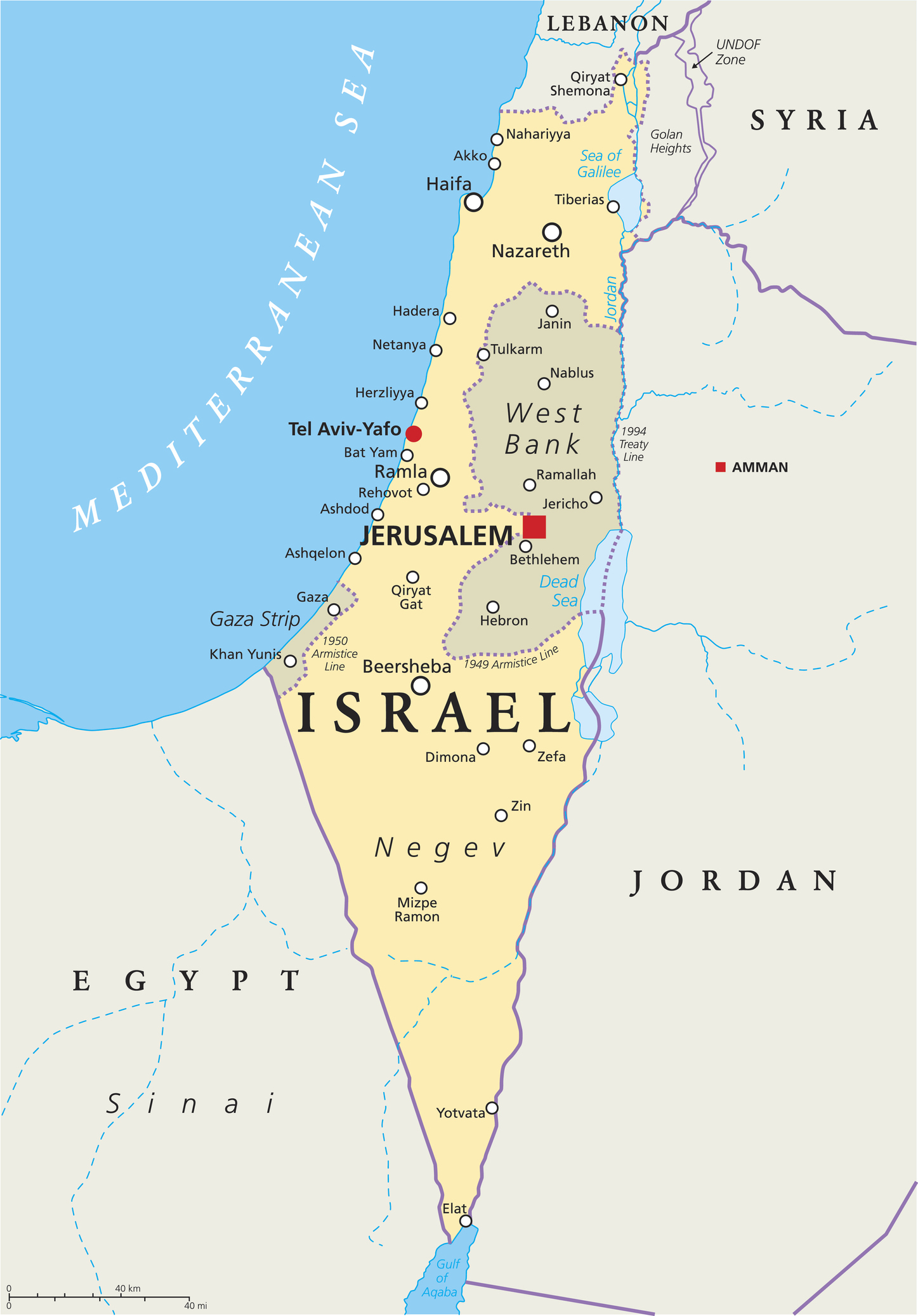 イスラエル周辺の地図。「ISRAERL」の文字の左上にある長細い部分がガザ地区