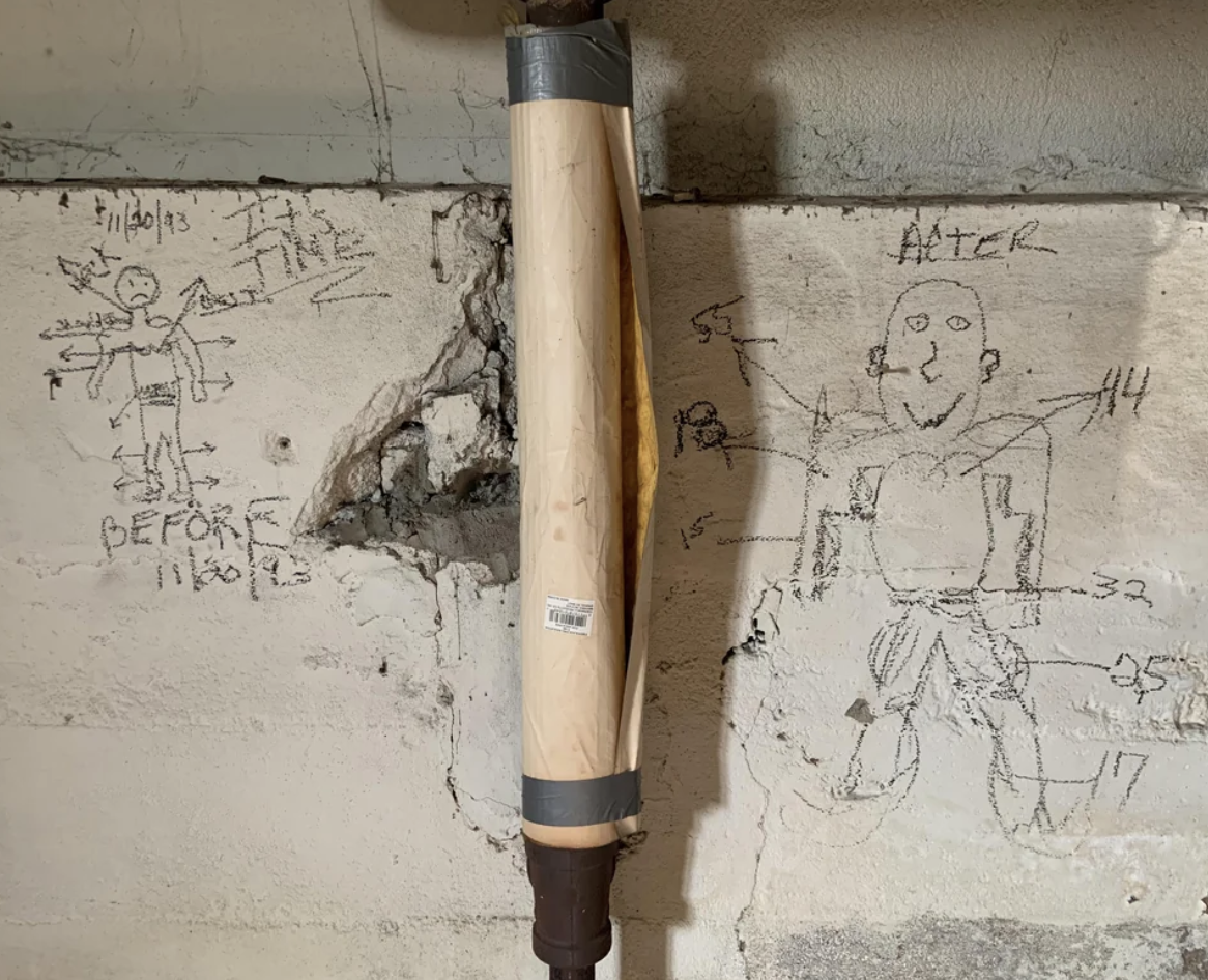 Smaller &quot;before&quot; and larger &quot;after&quot; figures, with body measurements, drawn on either side of a pipe on a basement wall