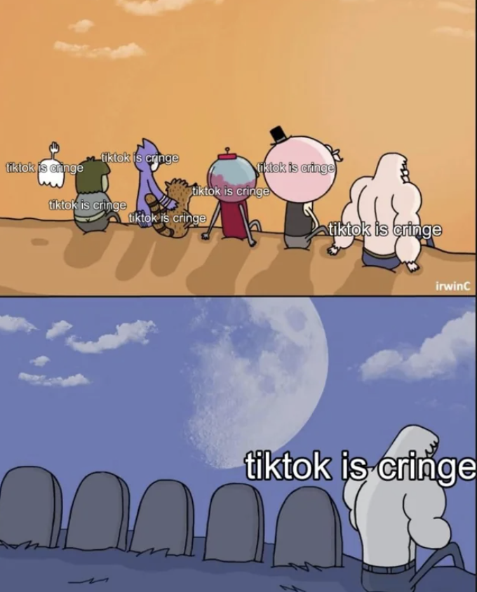 cartoon characters depicted dying on a hill that tiktok is cringe