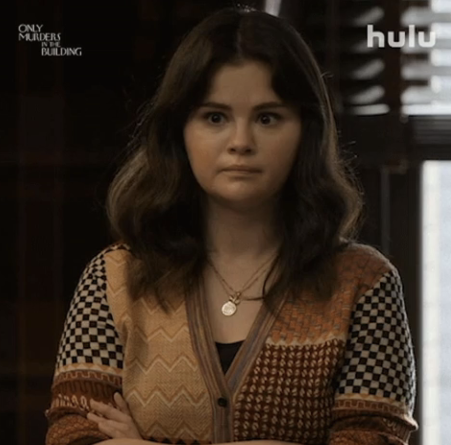 Selena Gomez on &quot;Only Murders in the Building&quot; staring ahead in concern