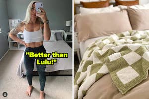 reviewer wearing black leopard print leggings / a green and white checkered blanket