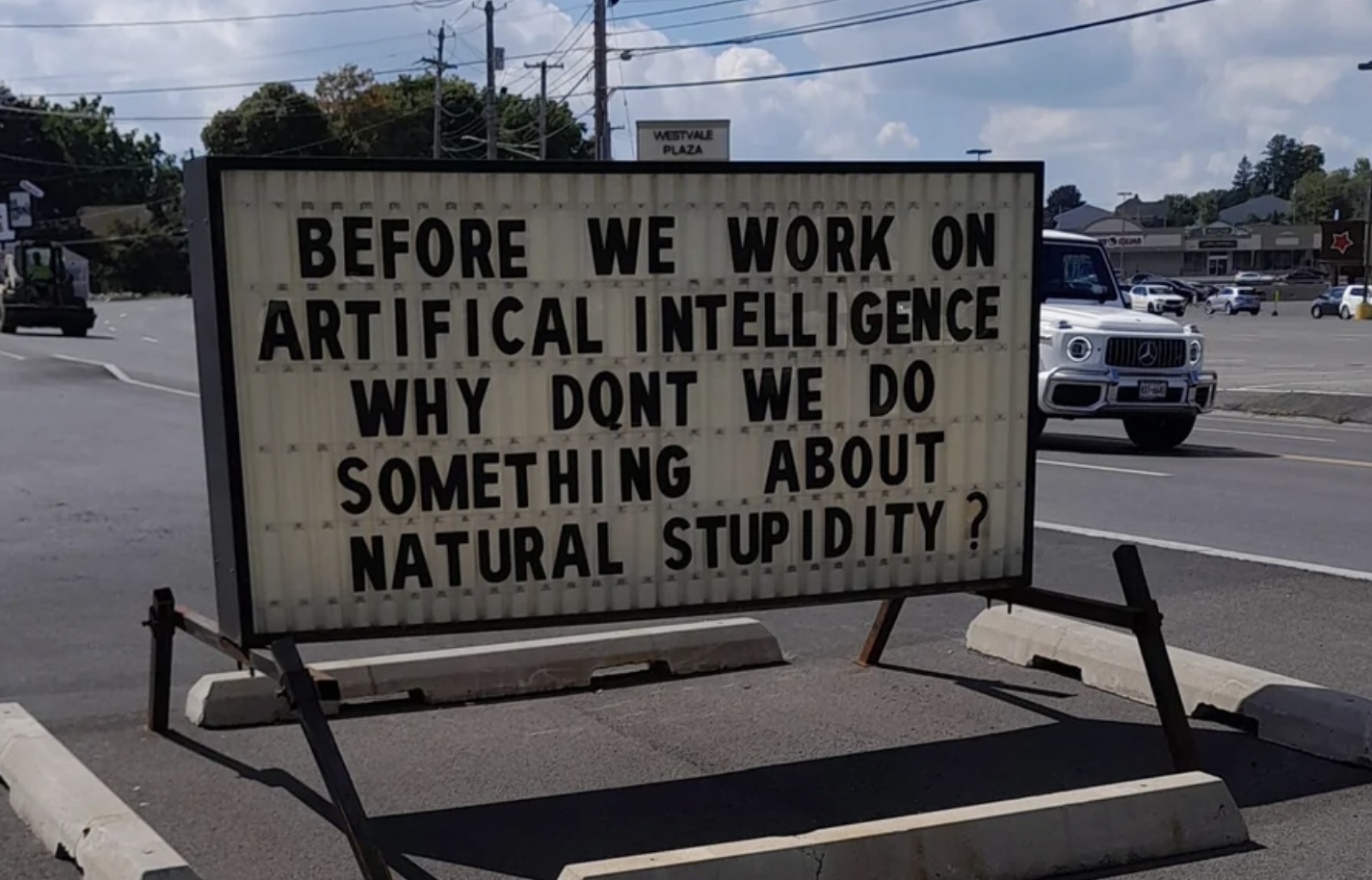 A sign outside a movie theater says &quot;before we work on artificial intelligence, why don't we do something about natural stupidity?&quot;