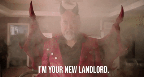 person dressed as a devil saying, i'm your new landlord