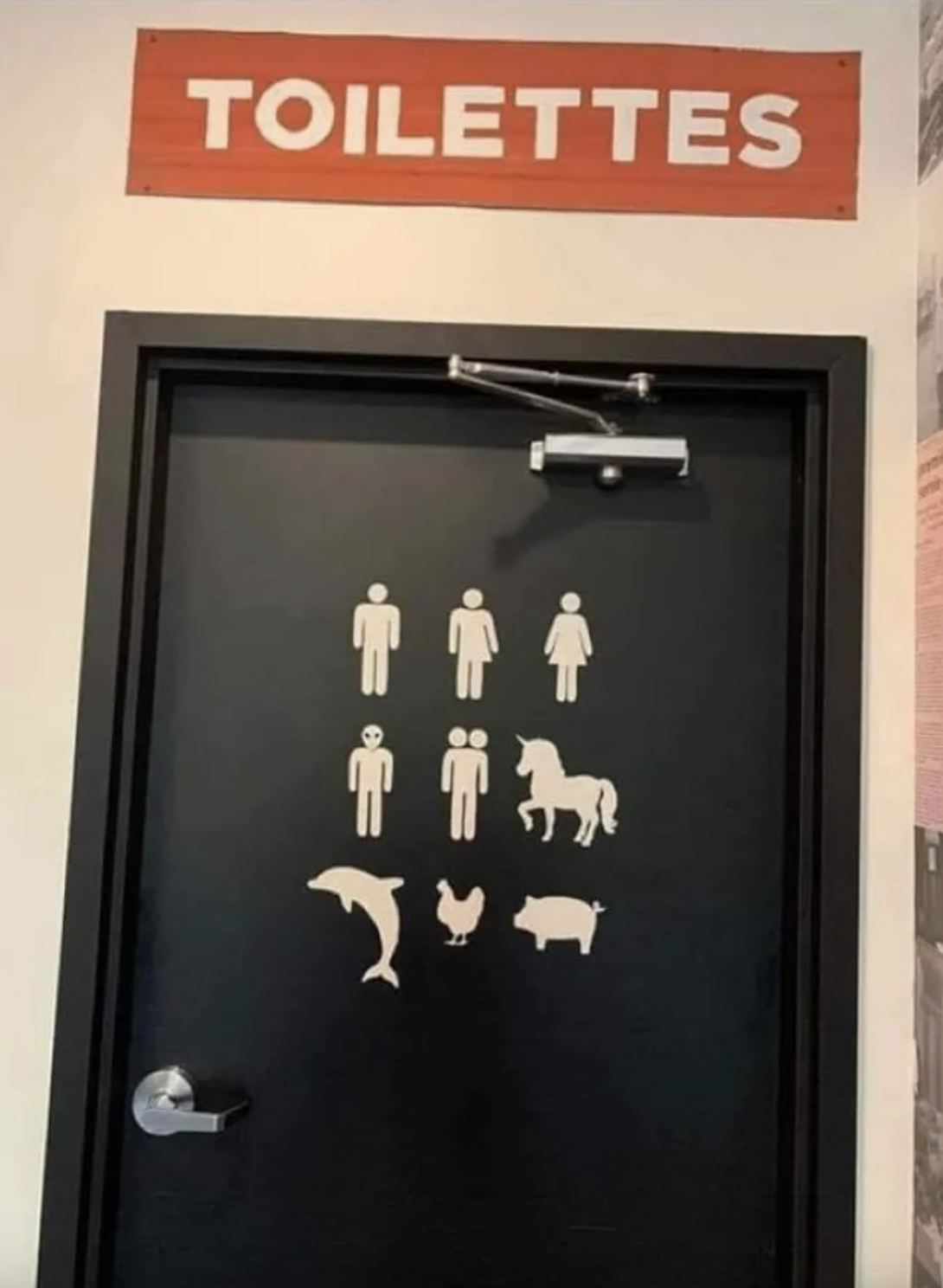 A bathroom door has the typical male and female graphics, as well as ones indicating non-binary, aliens, people with two heads, unicorns, dolphins, chickens, and pigs&quot;