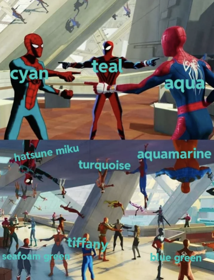 the spiderman meme used with different shades of blue