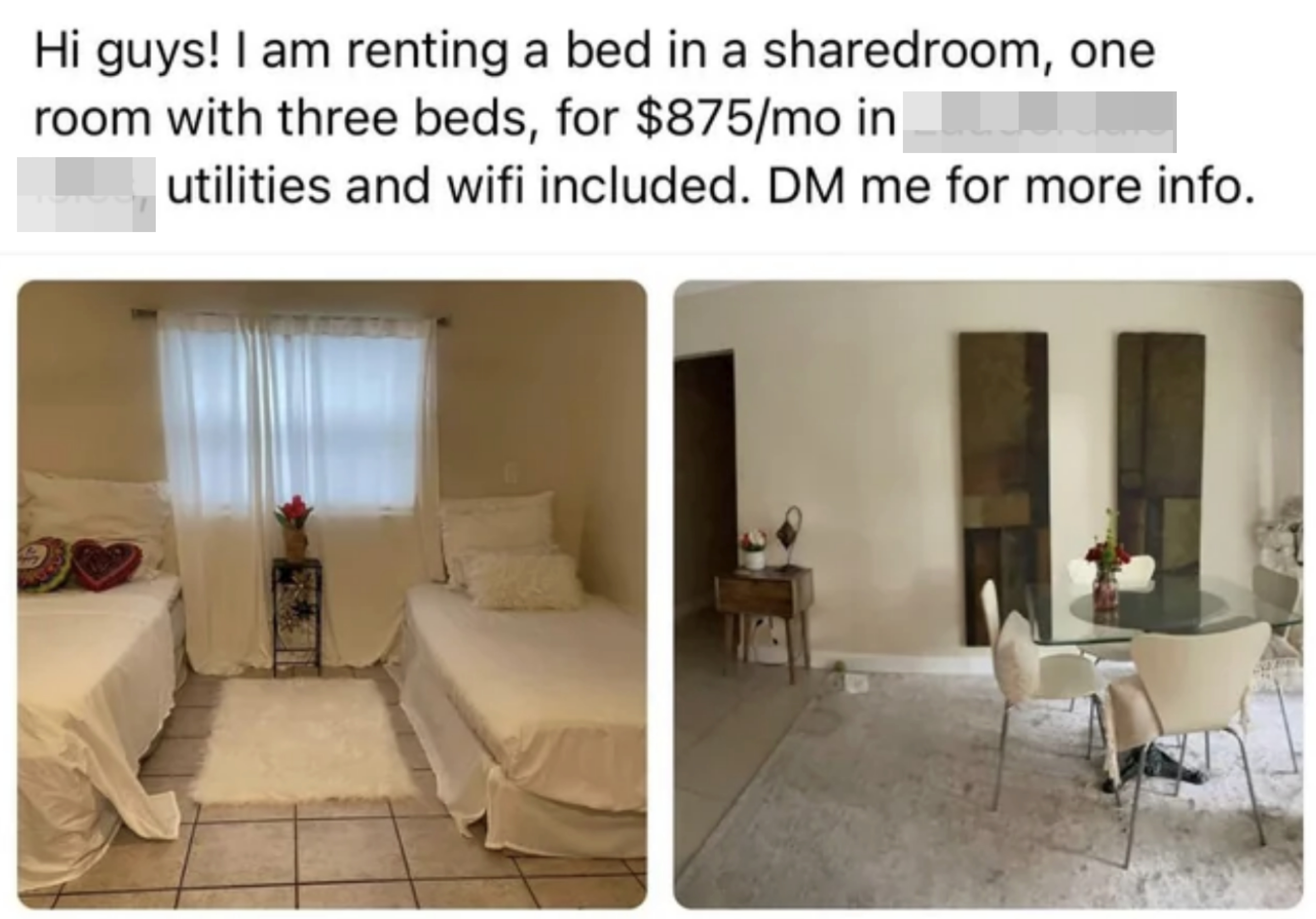 someone renting out a bed in a room that they would have to share