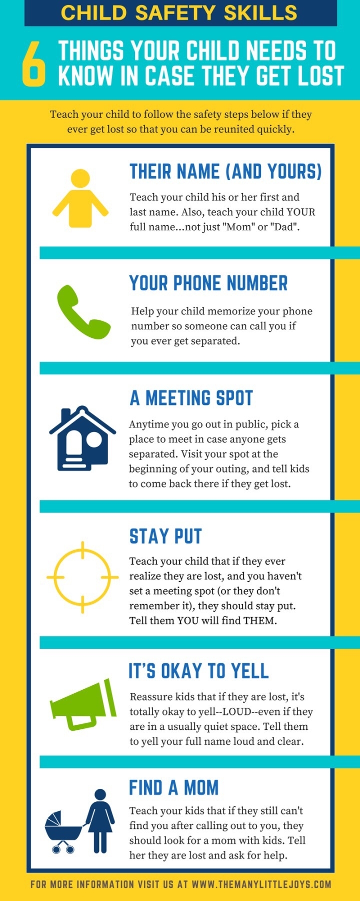 6 Things Your Child Needs to Know in Case They Get Lost: Their name and yours, their phone number, a meeting spot, to stay put, it&#x27;s okay to yell, and find a mom